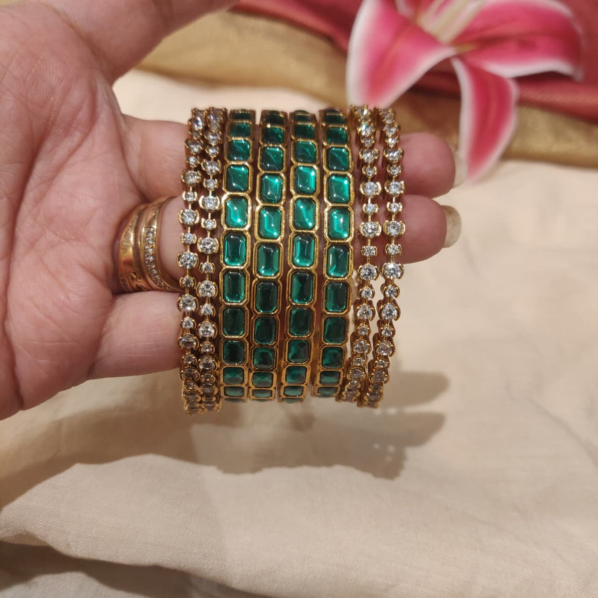 Glamorous green crystal bangles combo