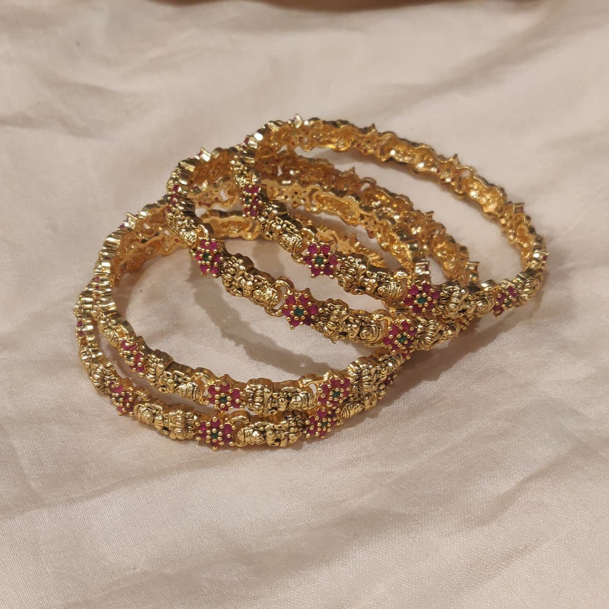 Posh ruby floral temple bangles set of 4