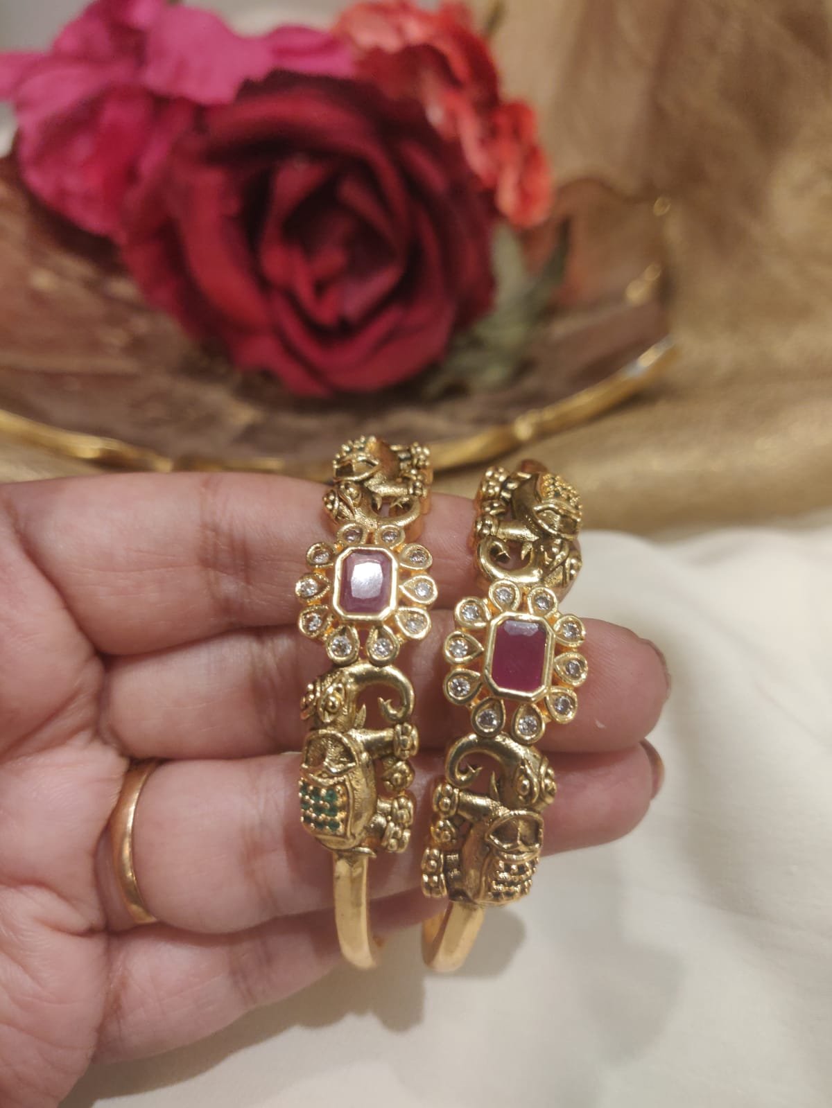 Grand elephant floral red stone design bangle set of 2