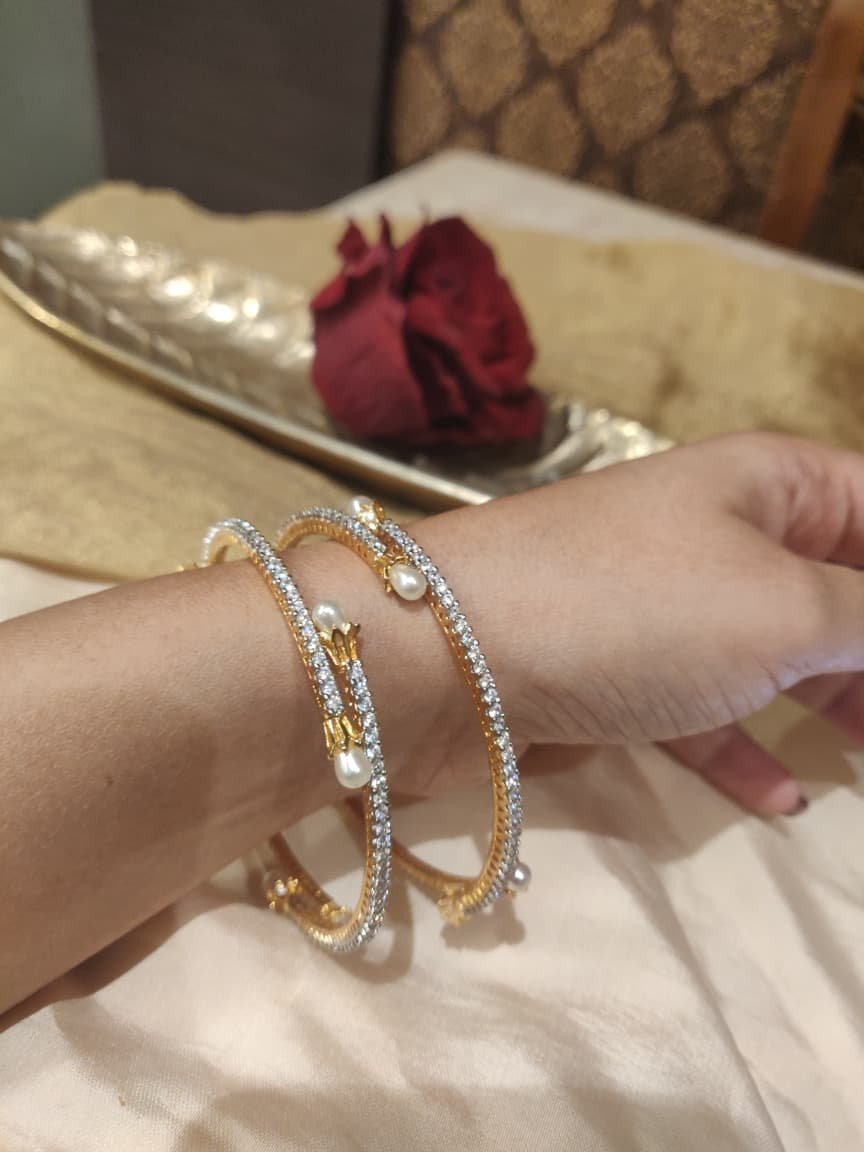 Glamorous white moti ad stone bangles set of 2