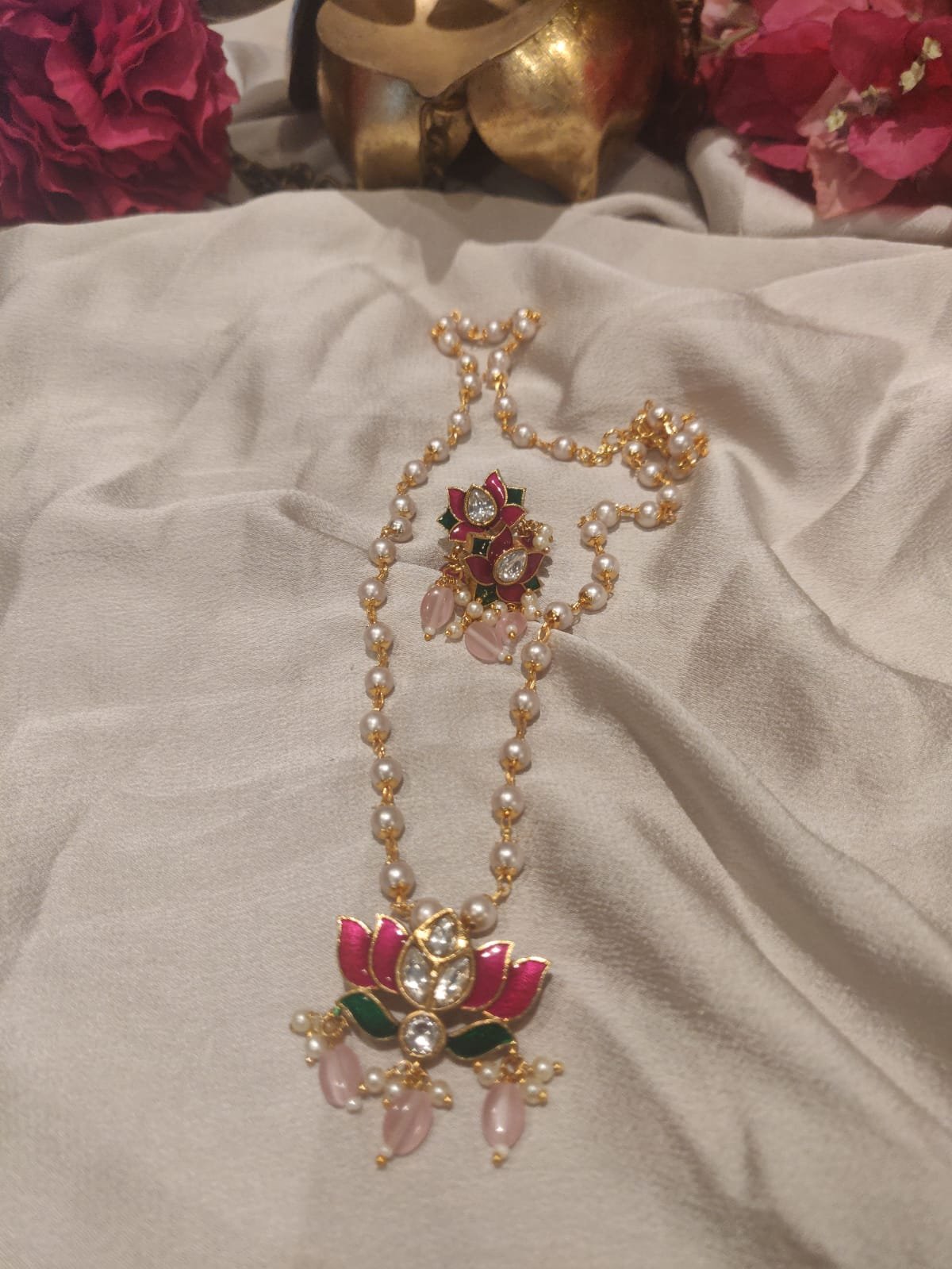 Handcrafted pink beads styled meenakari lotus pendant pearl necklace