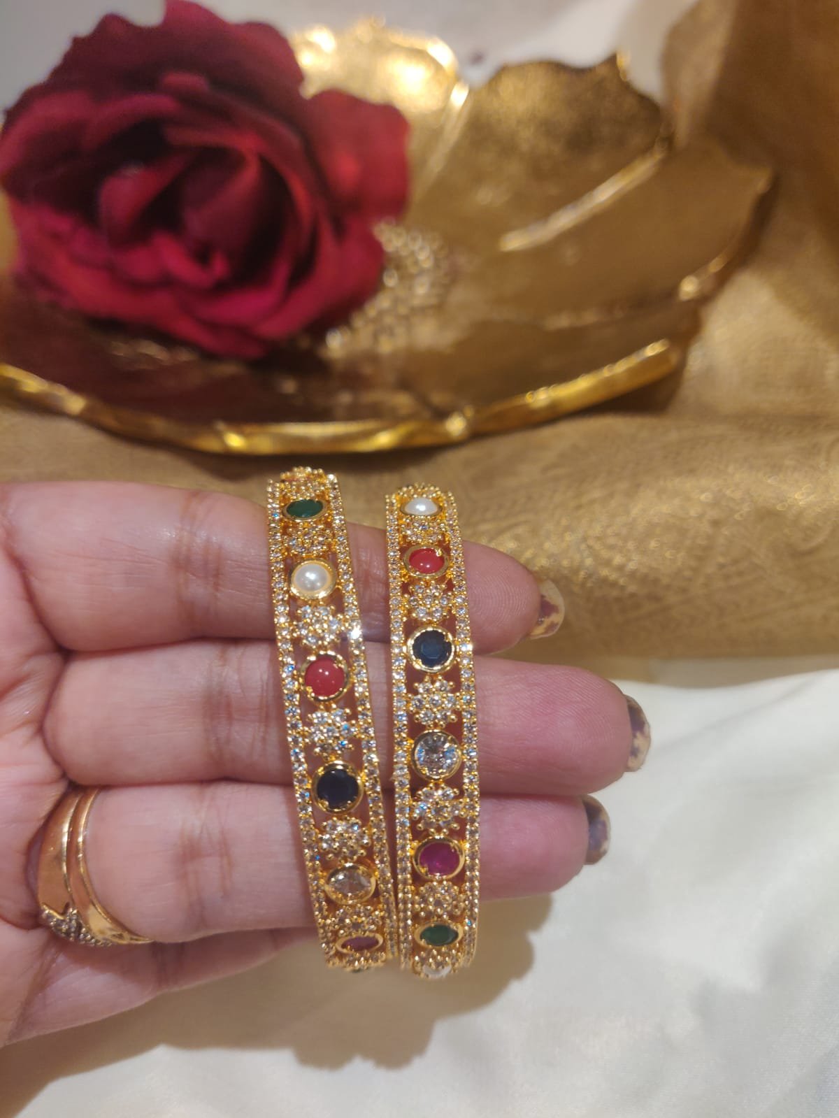 Classic navratna fitted shing gold finish ad bangles set