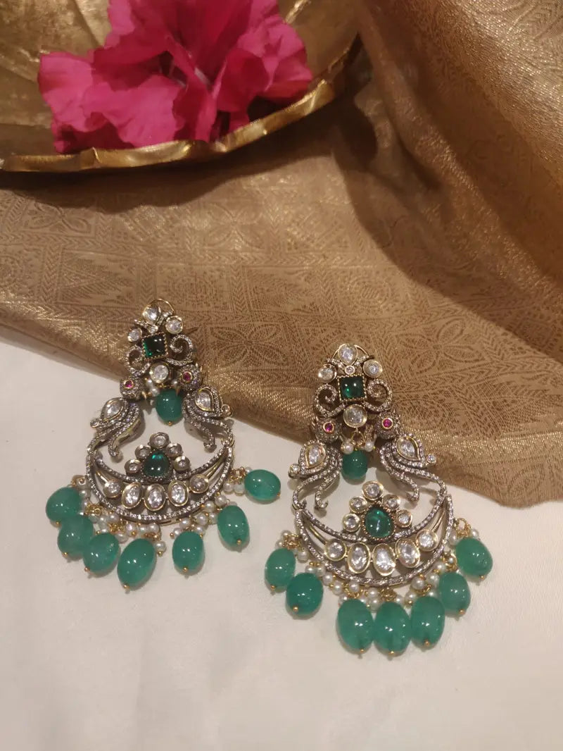 Lively green beads styled parrot design black finish ad earrings