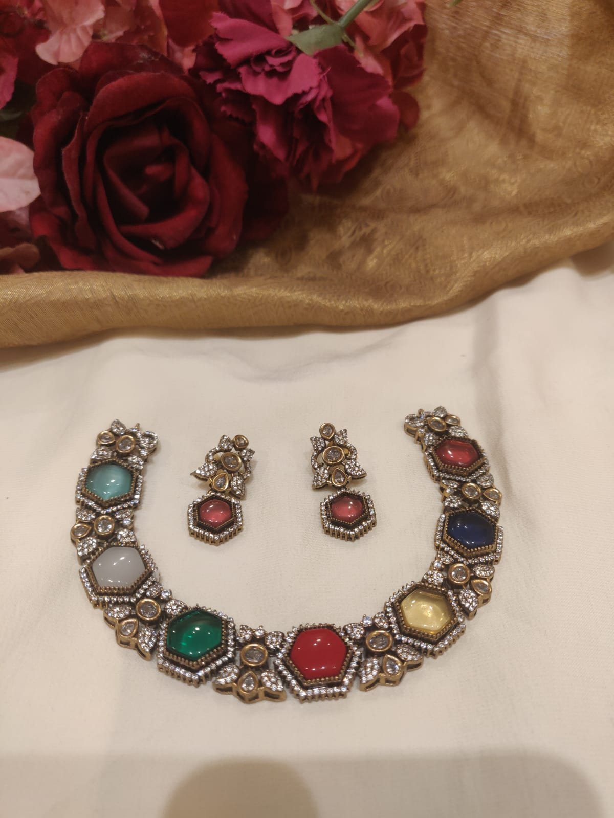 Magnificent navratna fitted antique finish short necklace