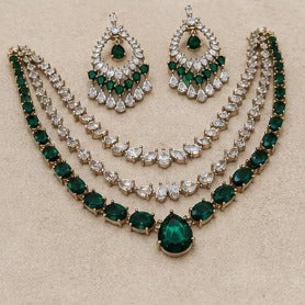 Refined 3 layer crystal green ad stone necklace