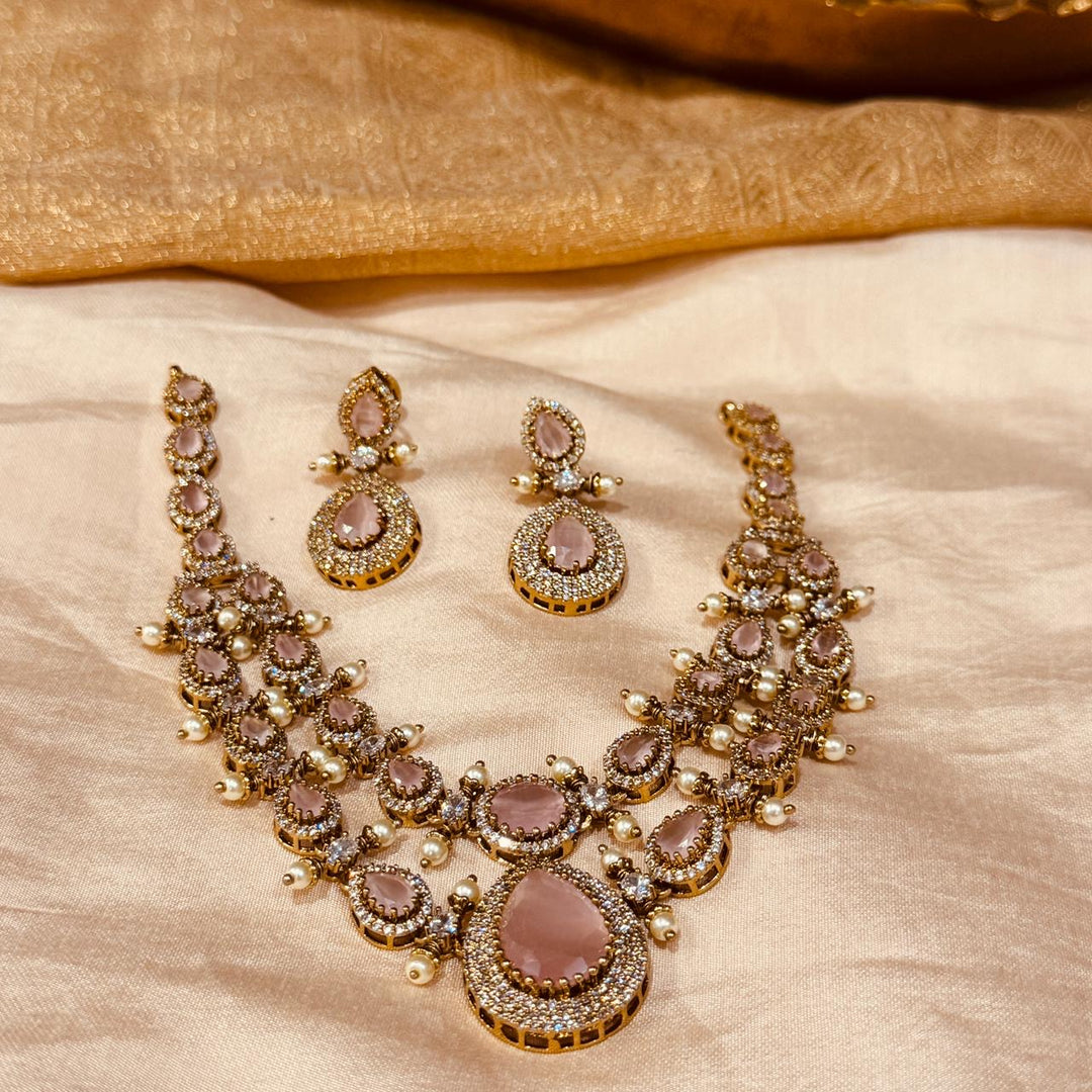 Regal Pink AD Stone 2 Layer Short Necklace