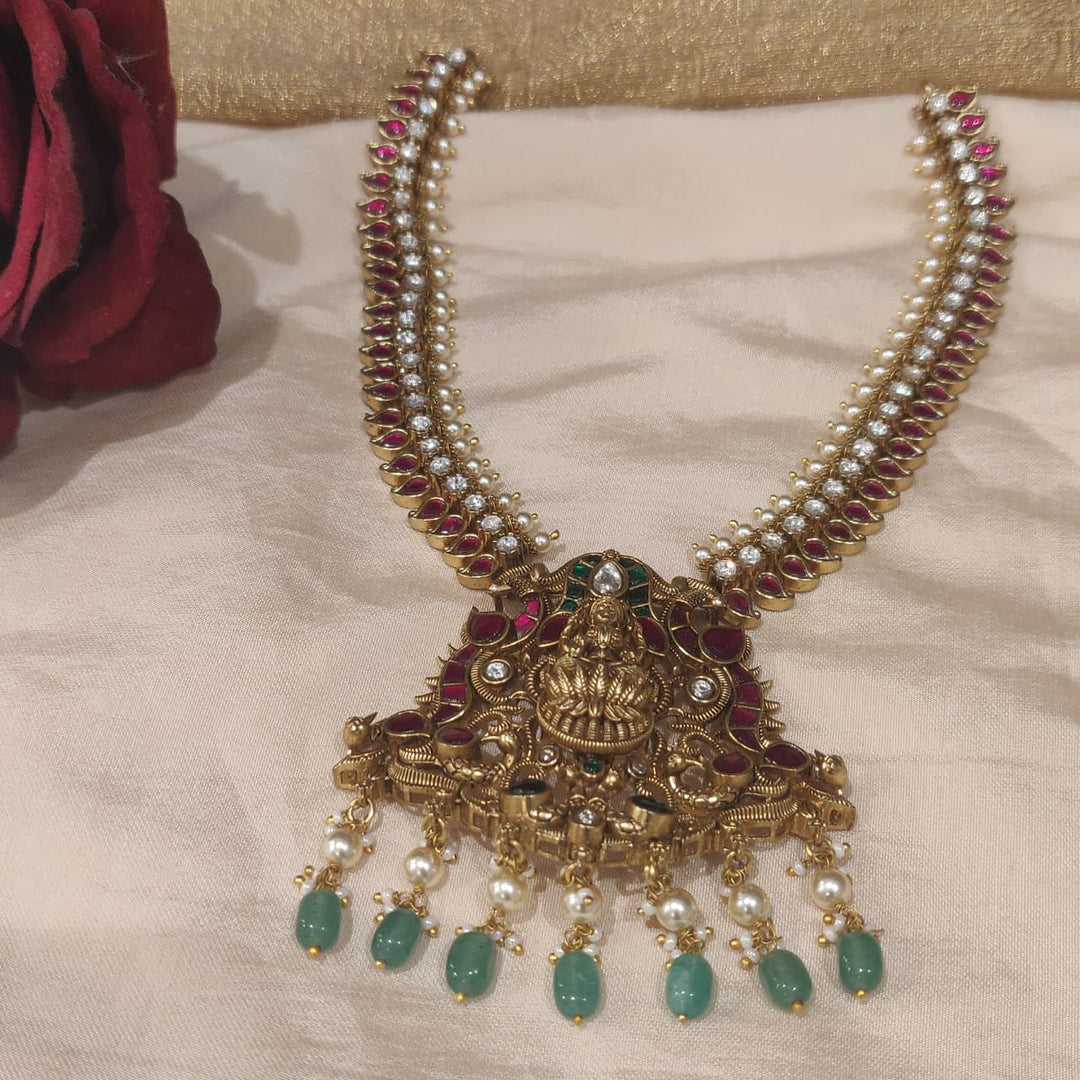 Sparkling Crystal Ruby Stone Lakshmi Necklace with Green Beads