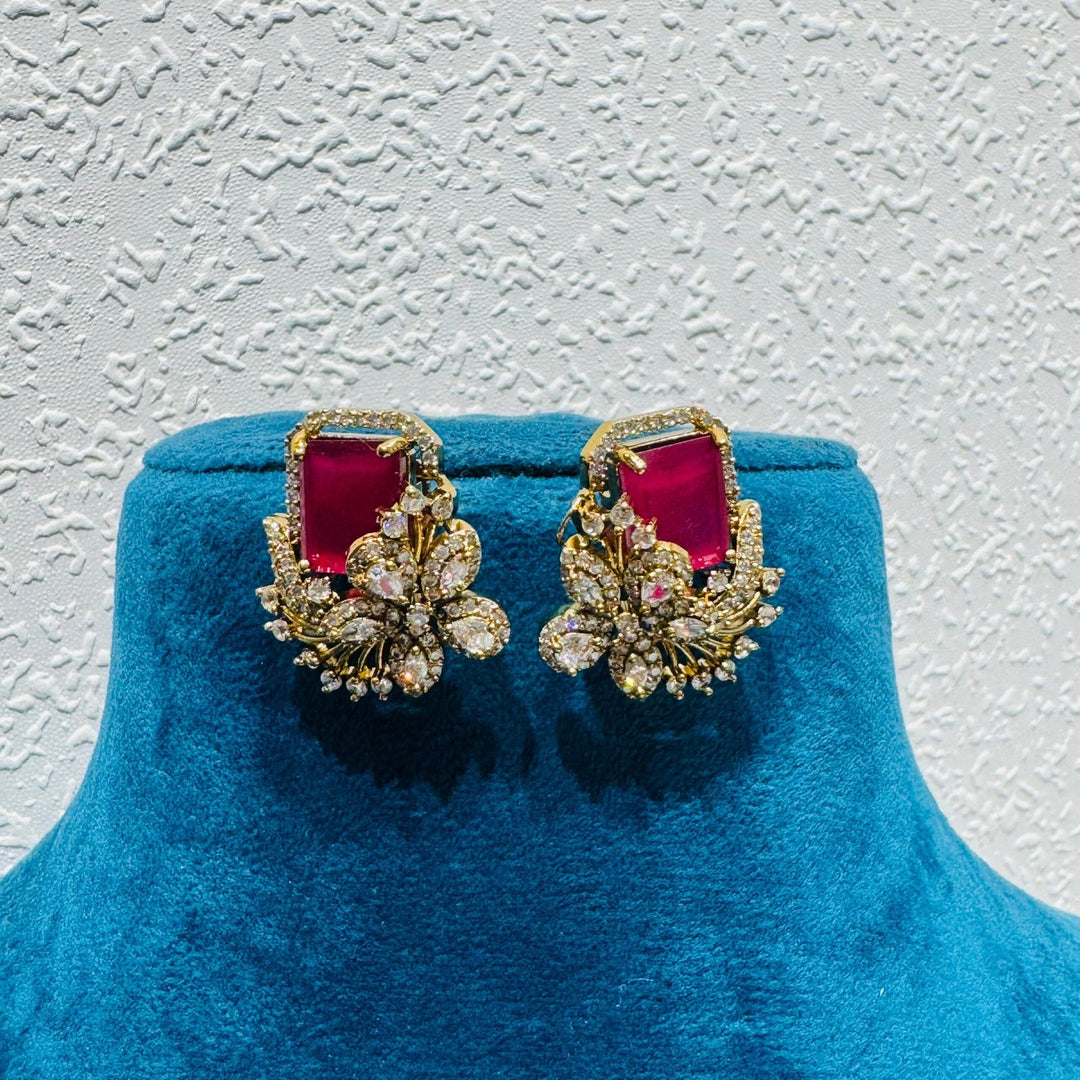 Lustrous red blood and ad stone floral design earring