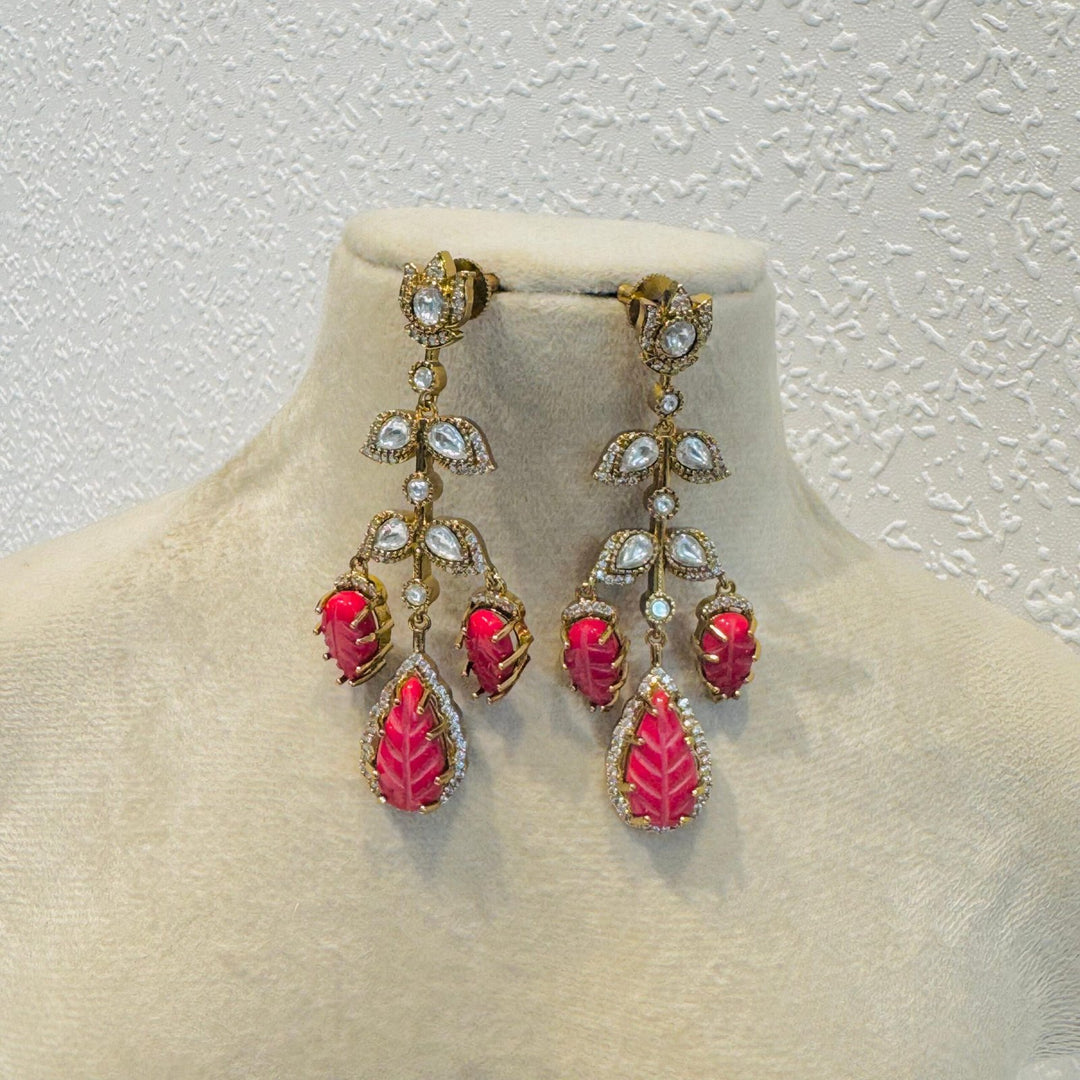 Refined Leaf Droplet Red Stone Earrings