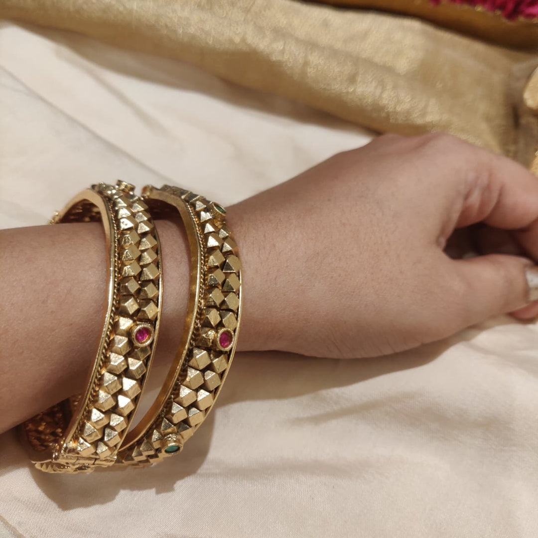 Elegant Ruby Green AD Stone Matt Golden Bangles