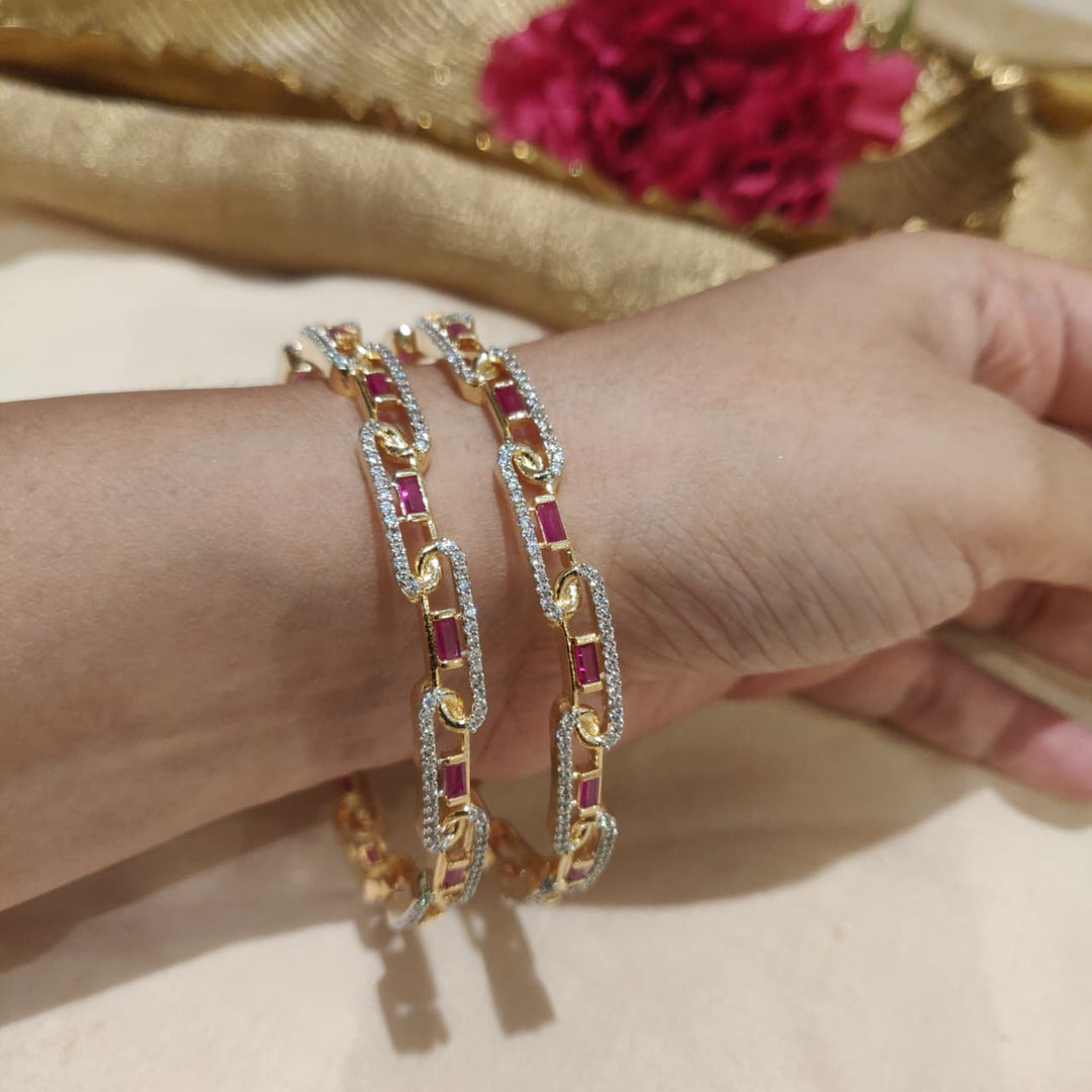 Alluring Golden CZ Ruby Stone Bangles set of 2
