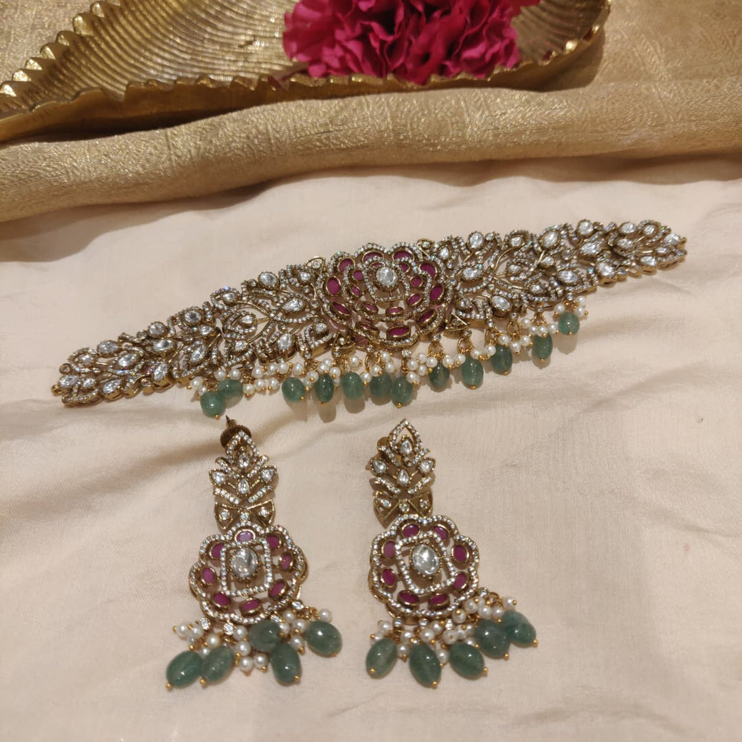 Refined Floral Ruby Crystal AD Stone Choker with LightGreen Beads
