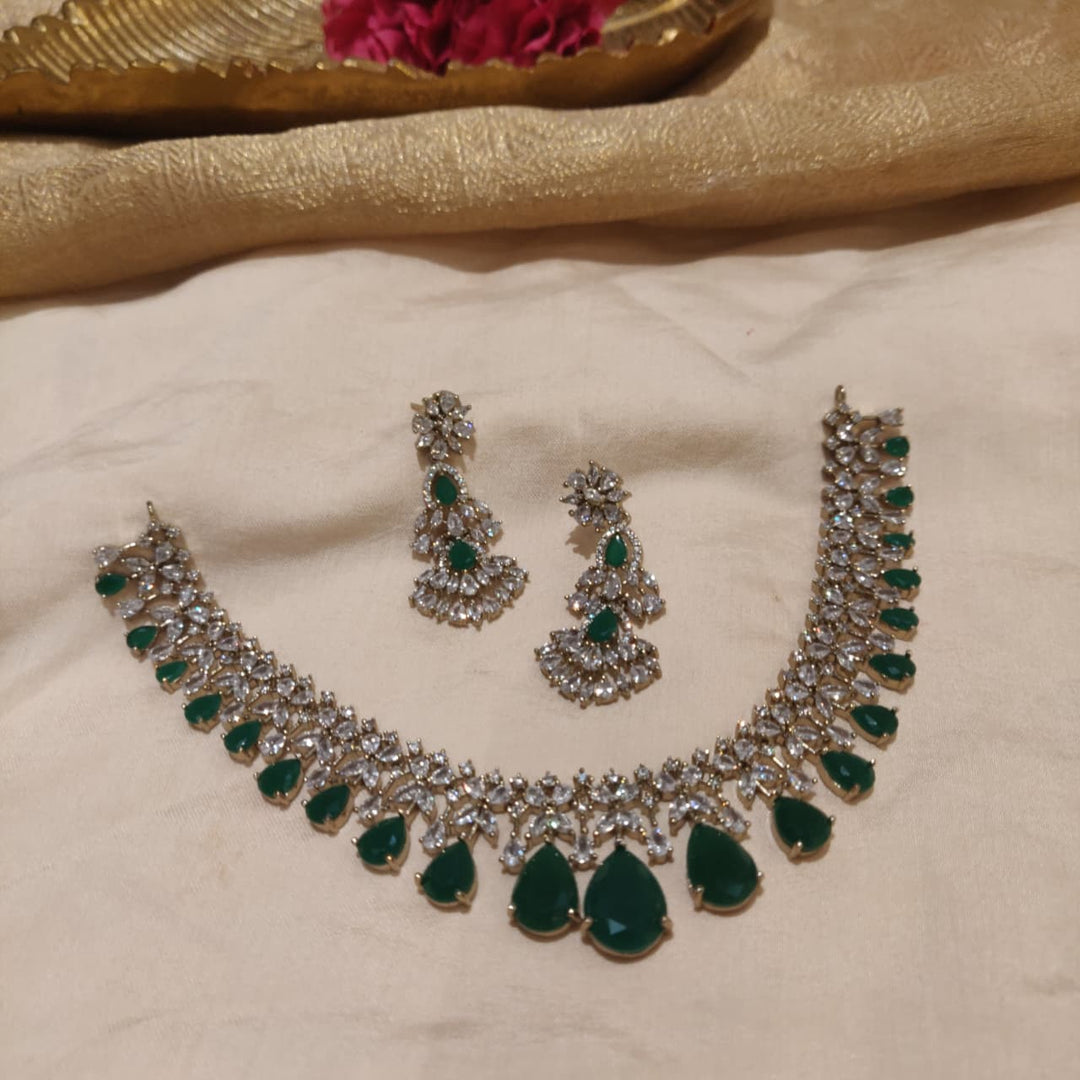 Glamorous Floral Green Crystal AD Stone Droplet Necklace