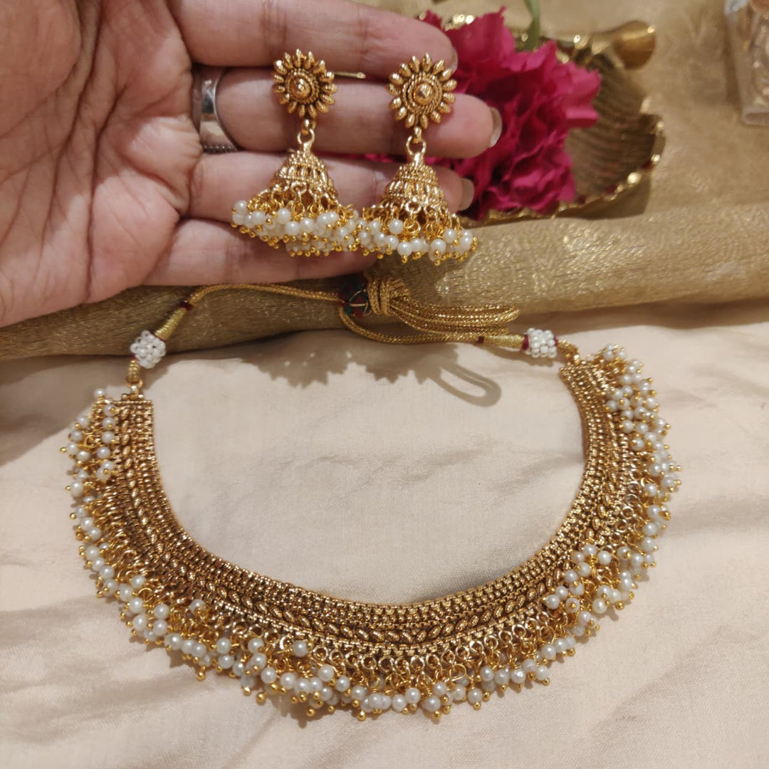 Sparkling Golden Floral White Beads Choker