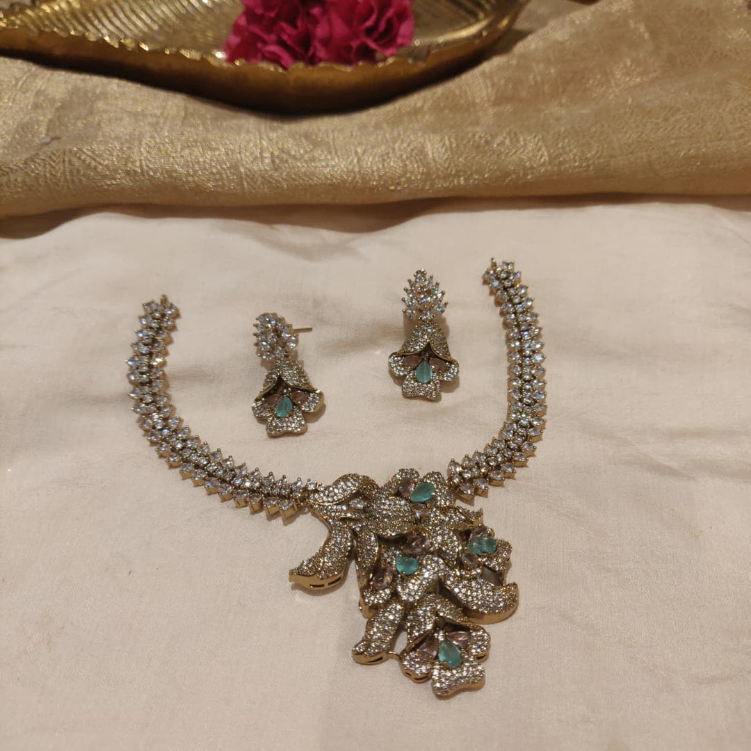 Elegant AD Mint Stone Floral Necklace