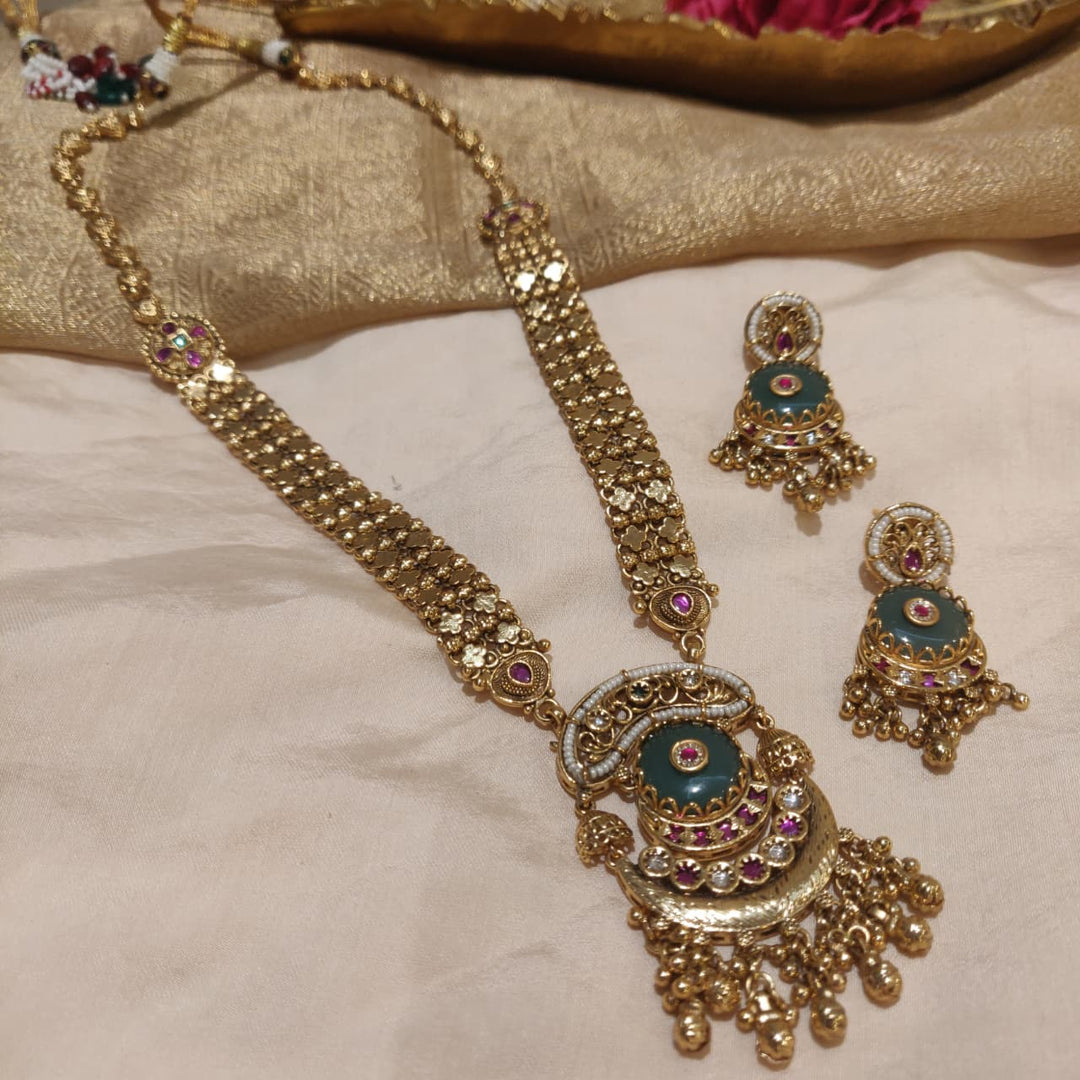 Exquisite Golden AD Stone Long Necklace with Green Beads