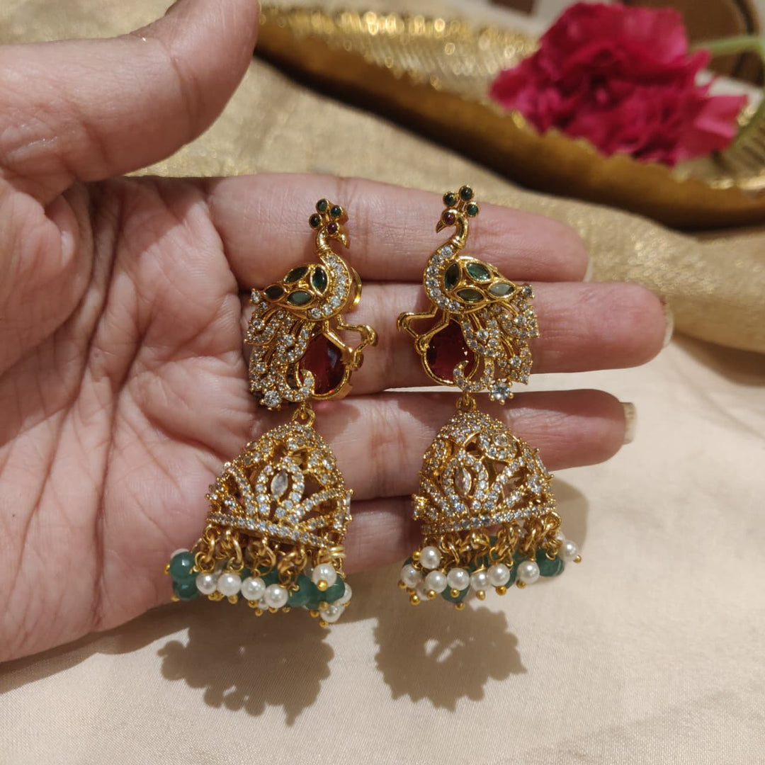 Enchanting AD Stone Ruby Green Peacock jhumka