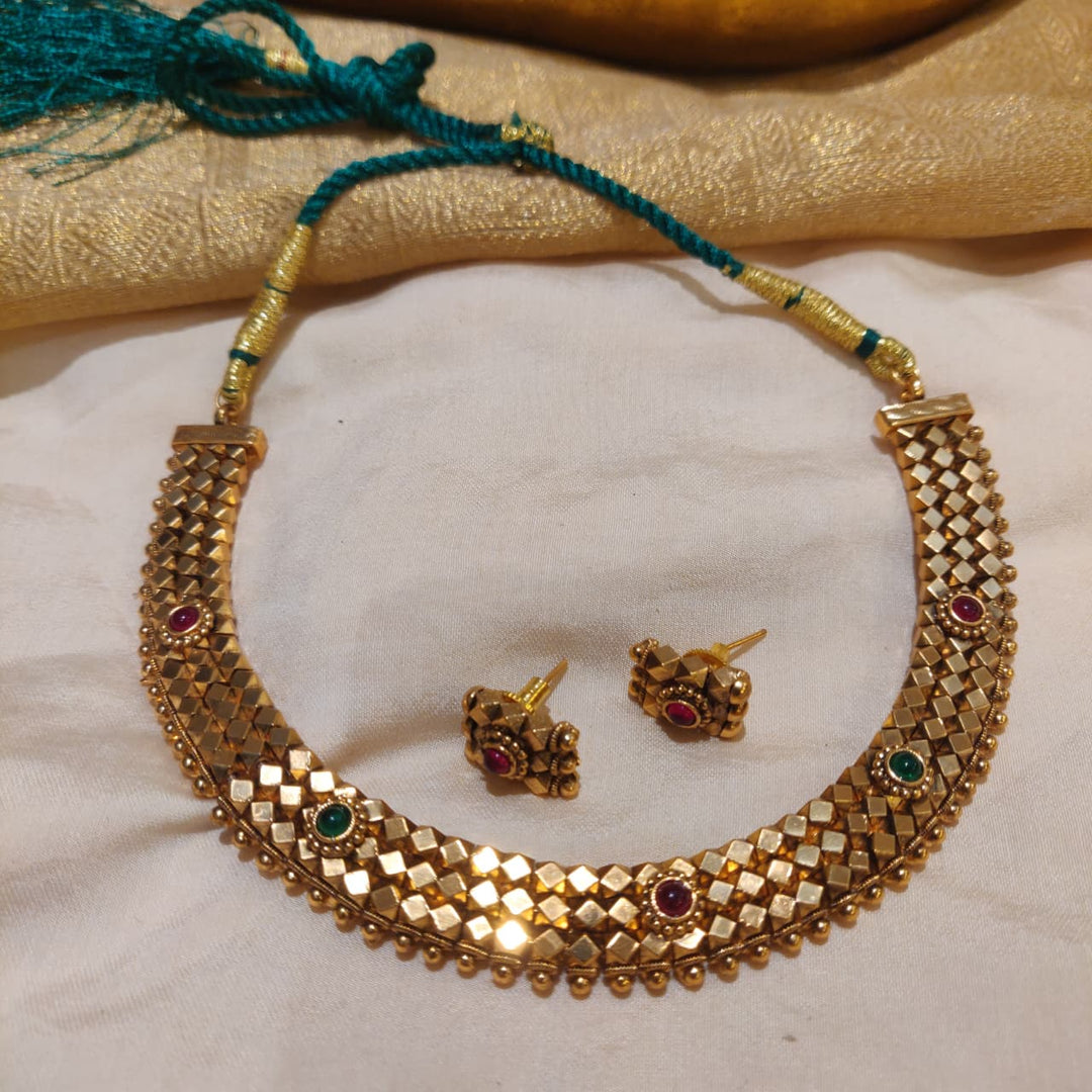 Elegant Golden Ruby Green AD Stone Choker