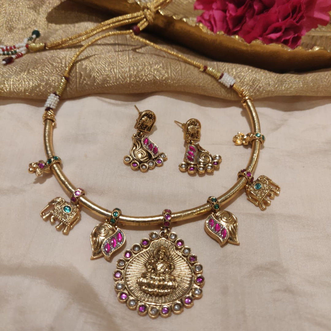 Sparkling Elephant lakshmi AD Stone Pipe Necklace