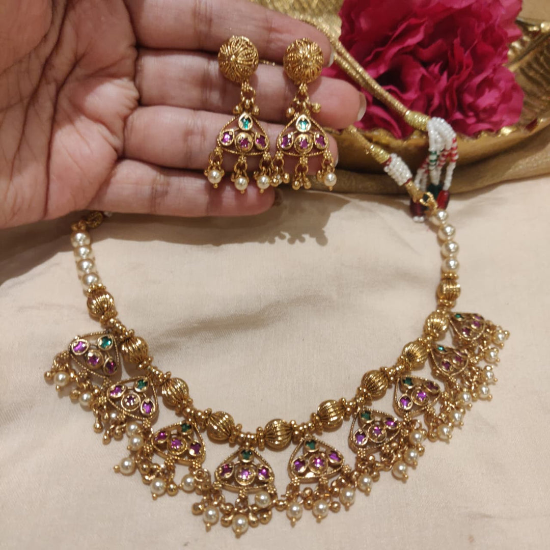 Radiant Floral Ruby Green AD Stone Necklace with white Pearl