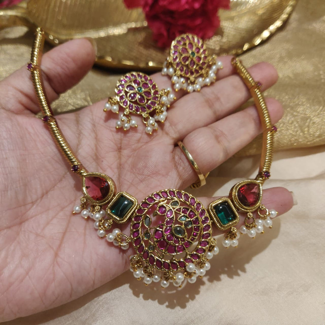 Ornate Peacock Ruby Green AD Stone Pipe Necklace