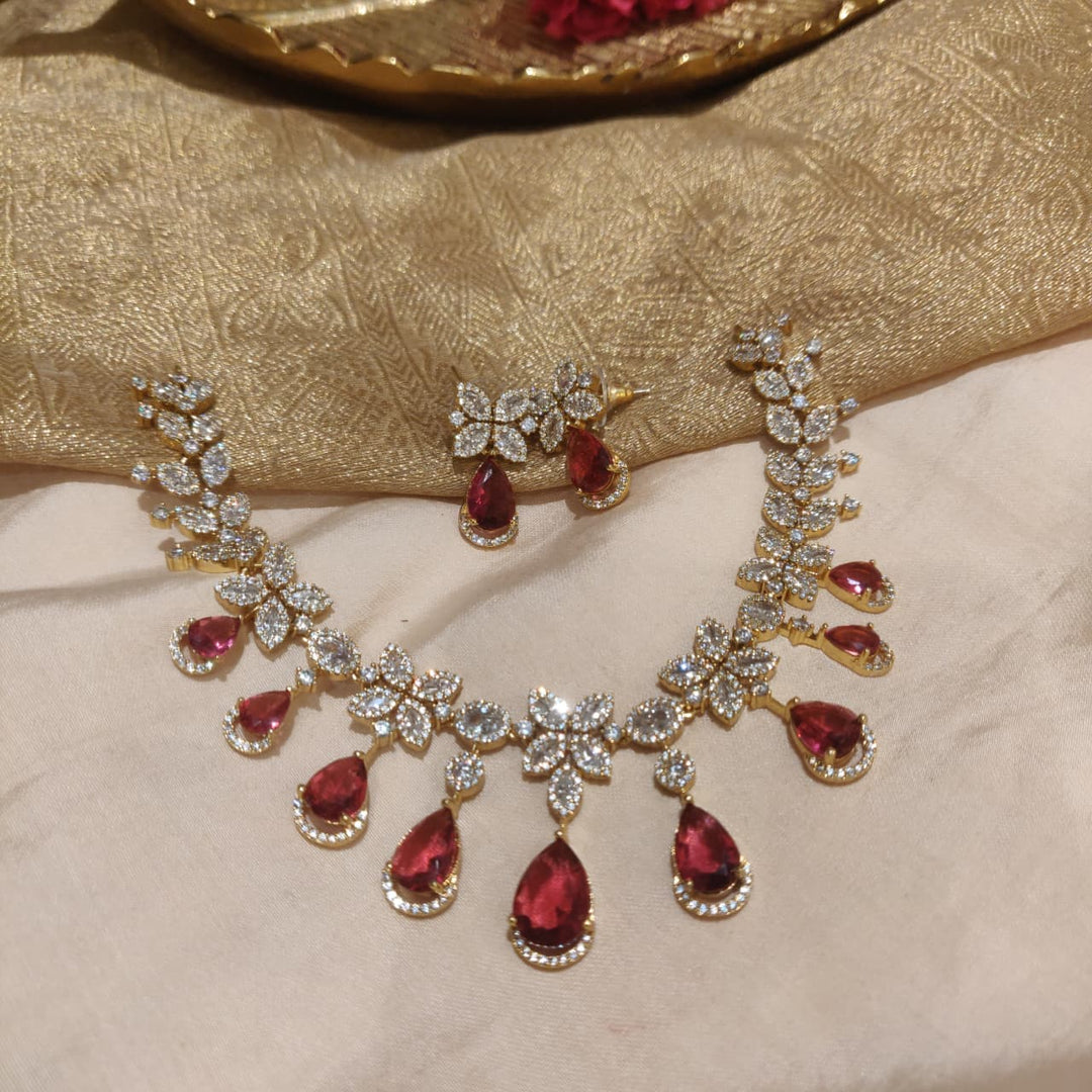 Dazzling Crystal AD Stone Floral Ruby Droplet Necklace