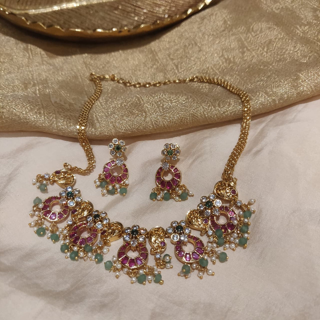 Exquisite Ruby AD Stone Floral Chain with Green Beads