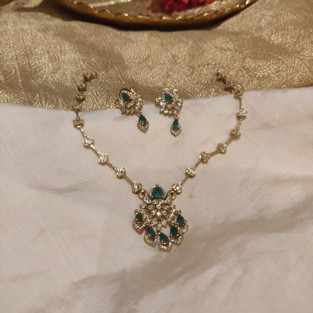 Radiant Floral Green AD Stone Short Necklace
