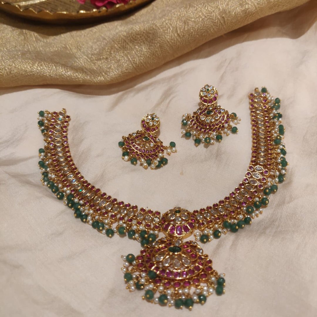 Glamorous Jadau Stone Floral Green Beads Necklace