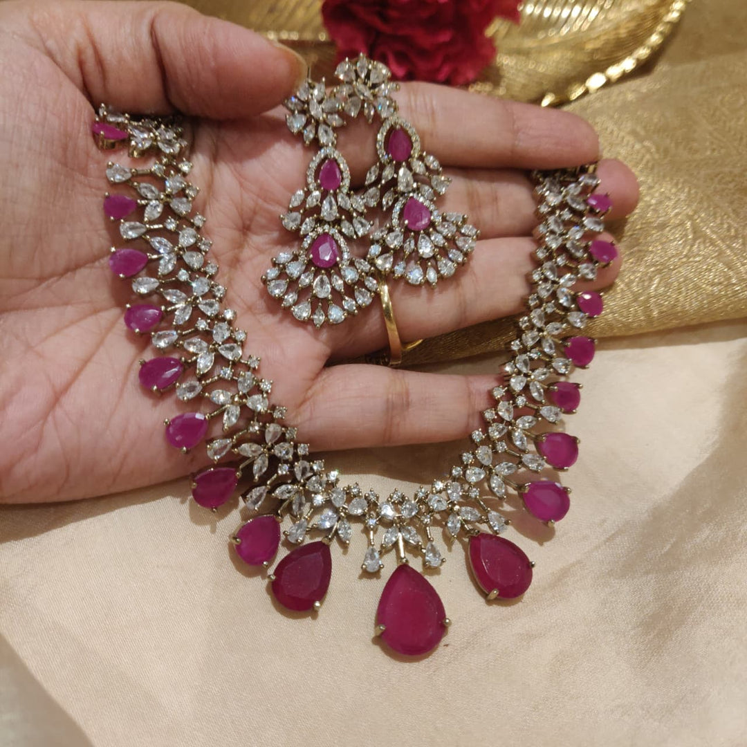 Delicate AD Ruby Floral Stone Necklace
