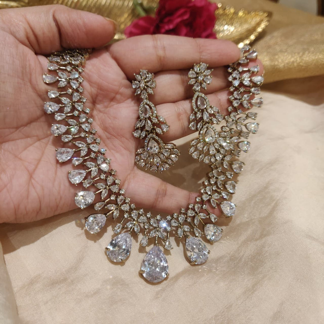 Delicate AD Crystal Floral Stone Necklace