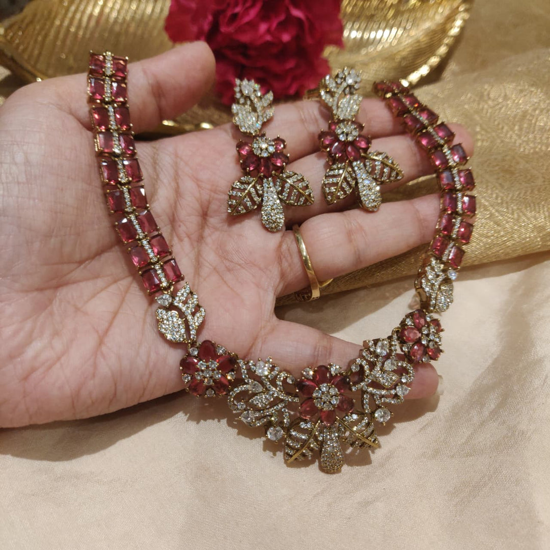 Alluring Ruby AD Stone Floral CZ Necklace