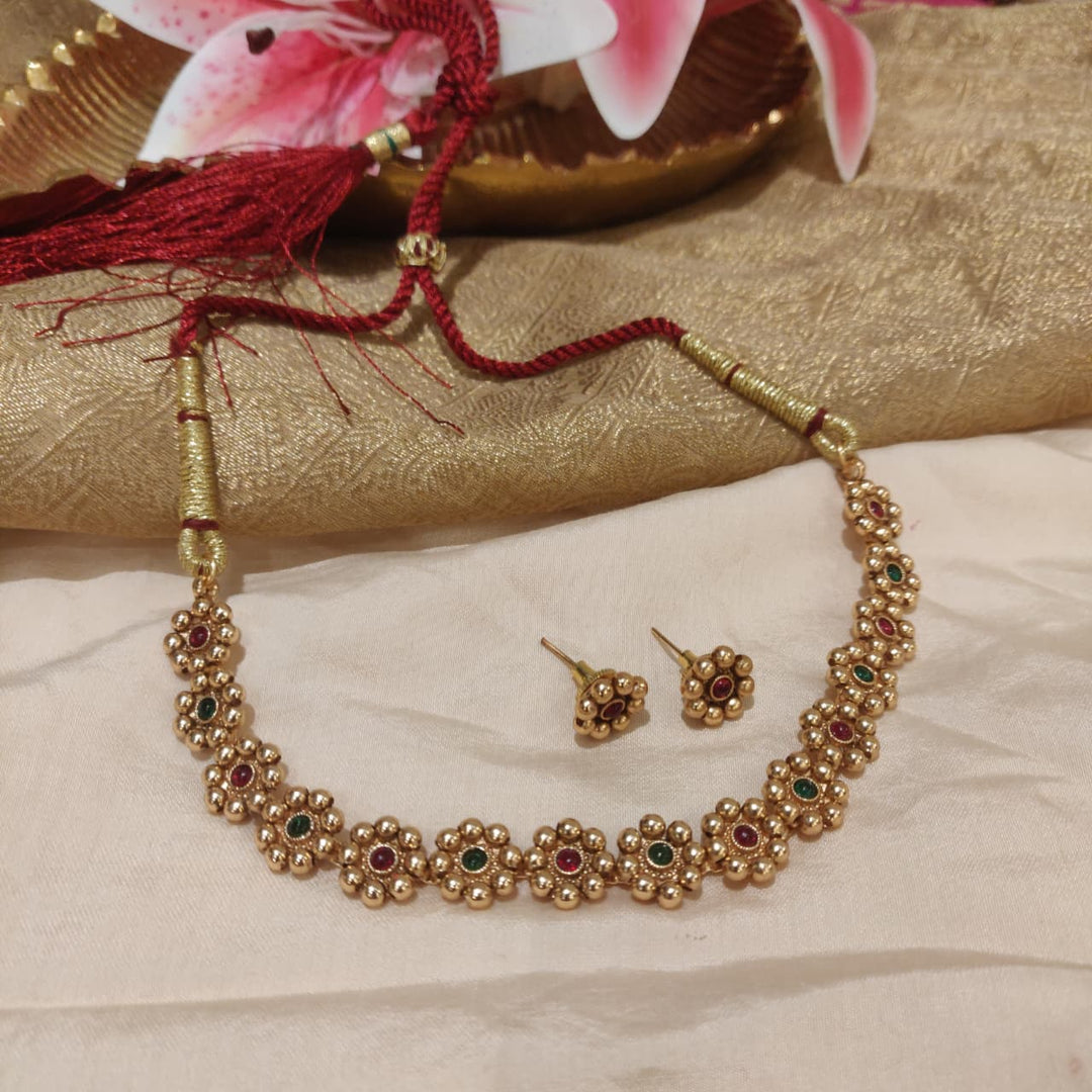 Sparkling Ruby Green AD Stone Floral Necklace