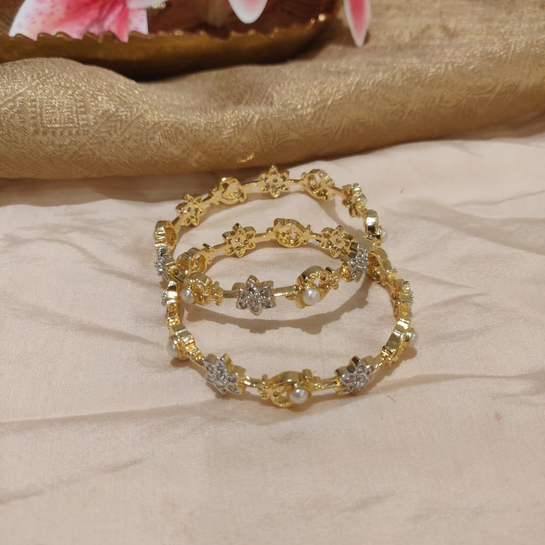 Majestic Golden CZ Floral Pearl bangles set of 2