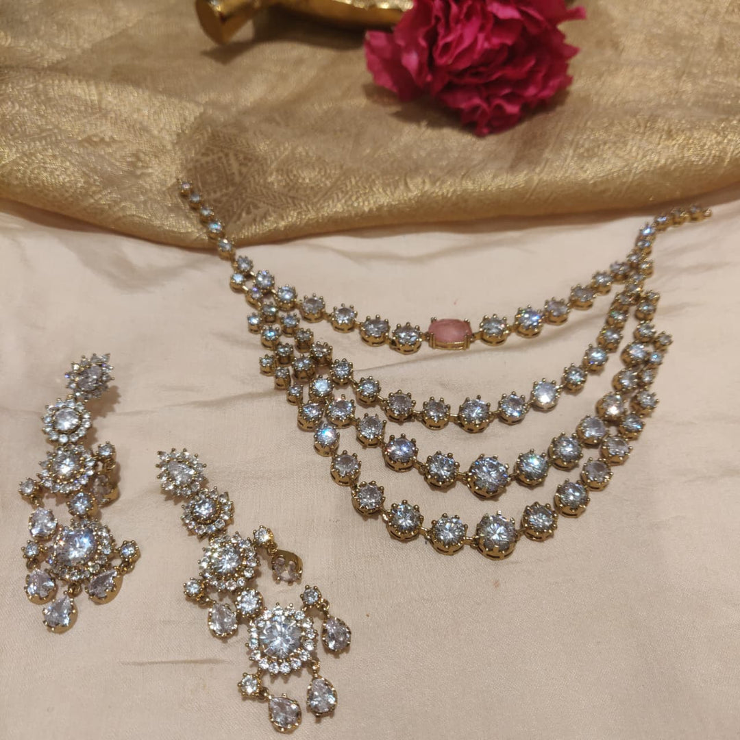 Dazzling 4 Layer Crystal Pink AD Stone Layer Necklace