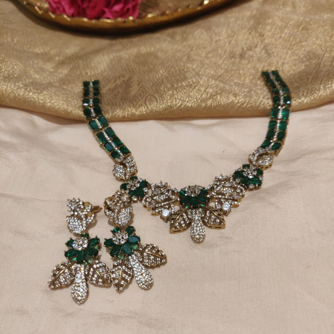 Graceful Crystal Green AD Stone Floral Necklace