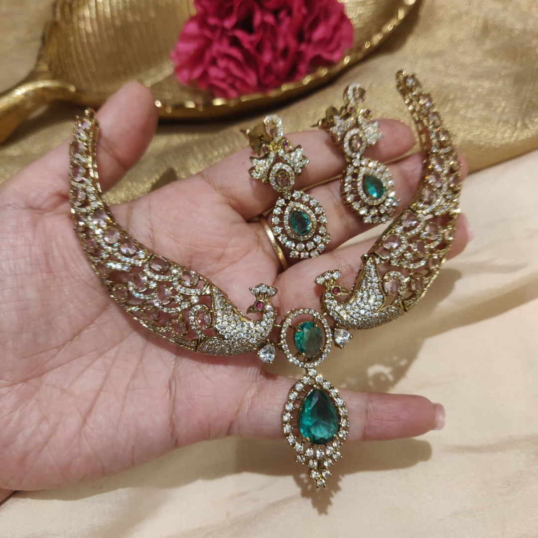 Elegant AD Stone Pecock Mint Stone Necklace