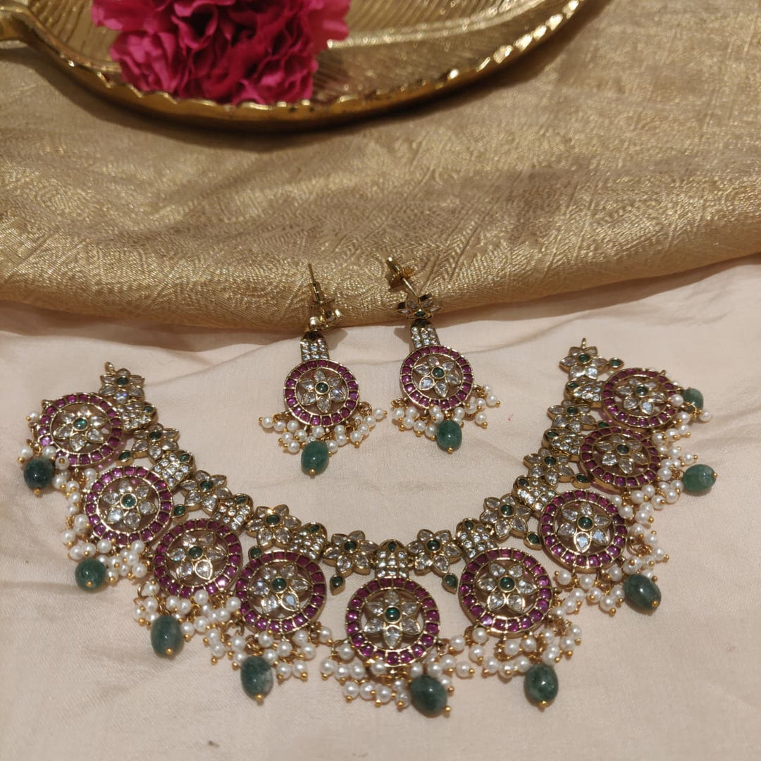 Unique Ruby AD Stone Floral Choker with White Green Beads