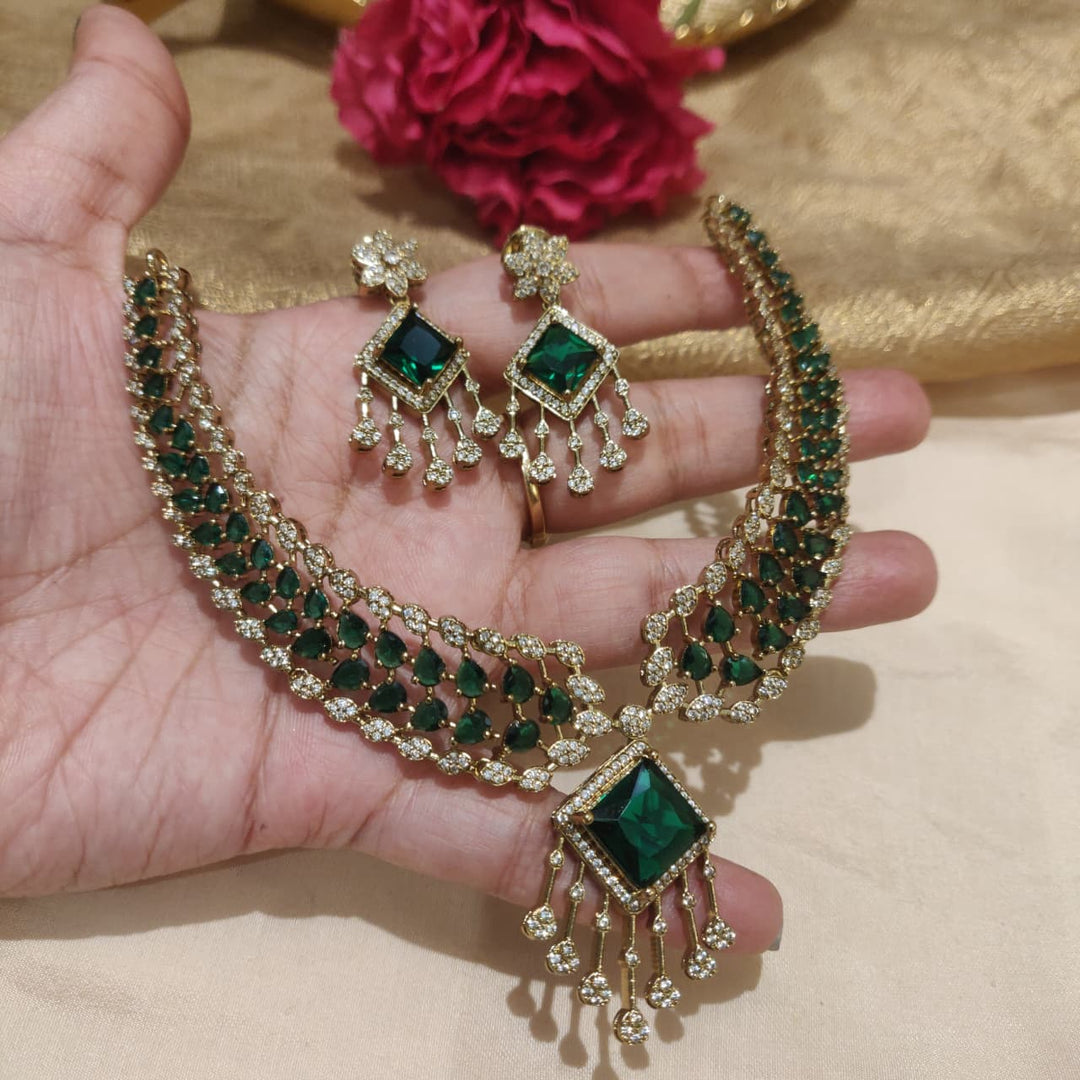 Elegant Green Crystal AD Stone Droplet Necklace
