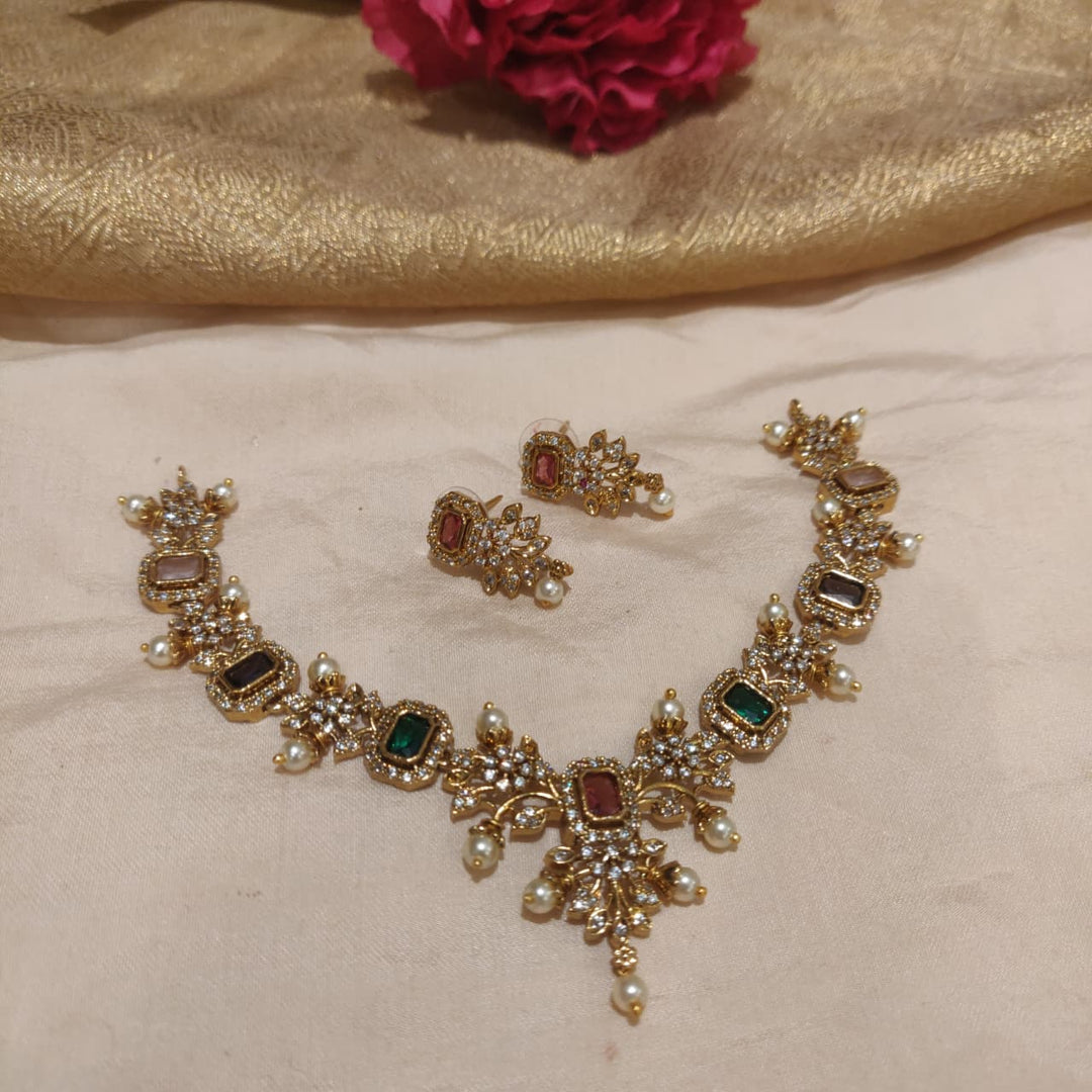 Exquisite Floral Multicolour AD Stone Necklace