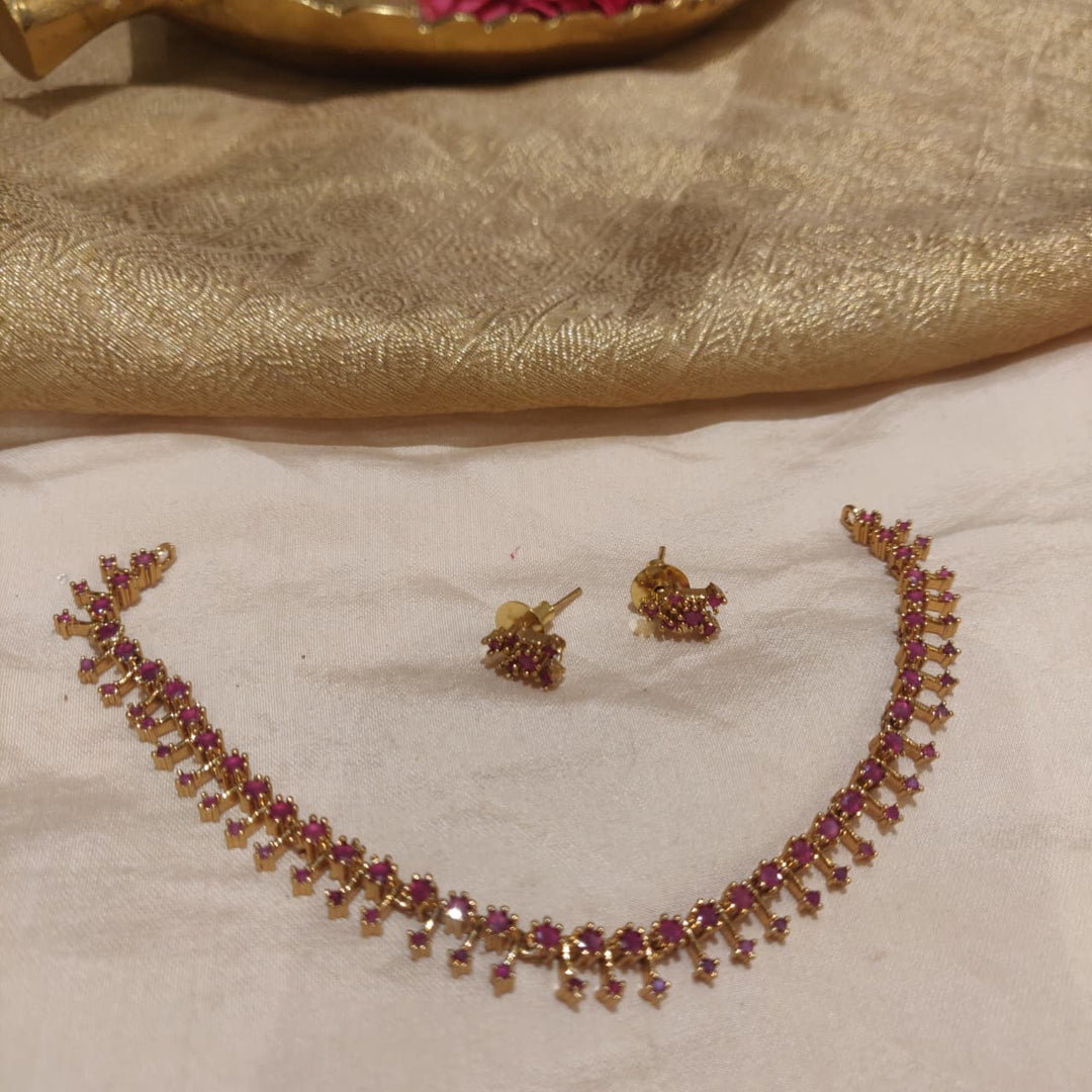 Lustrous Ruby AD Stone Golden Short Necklace