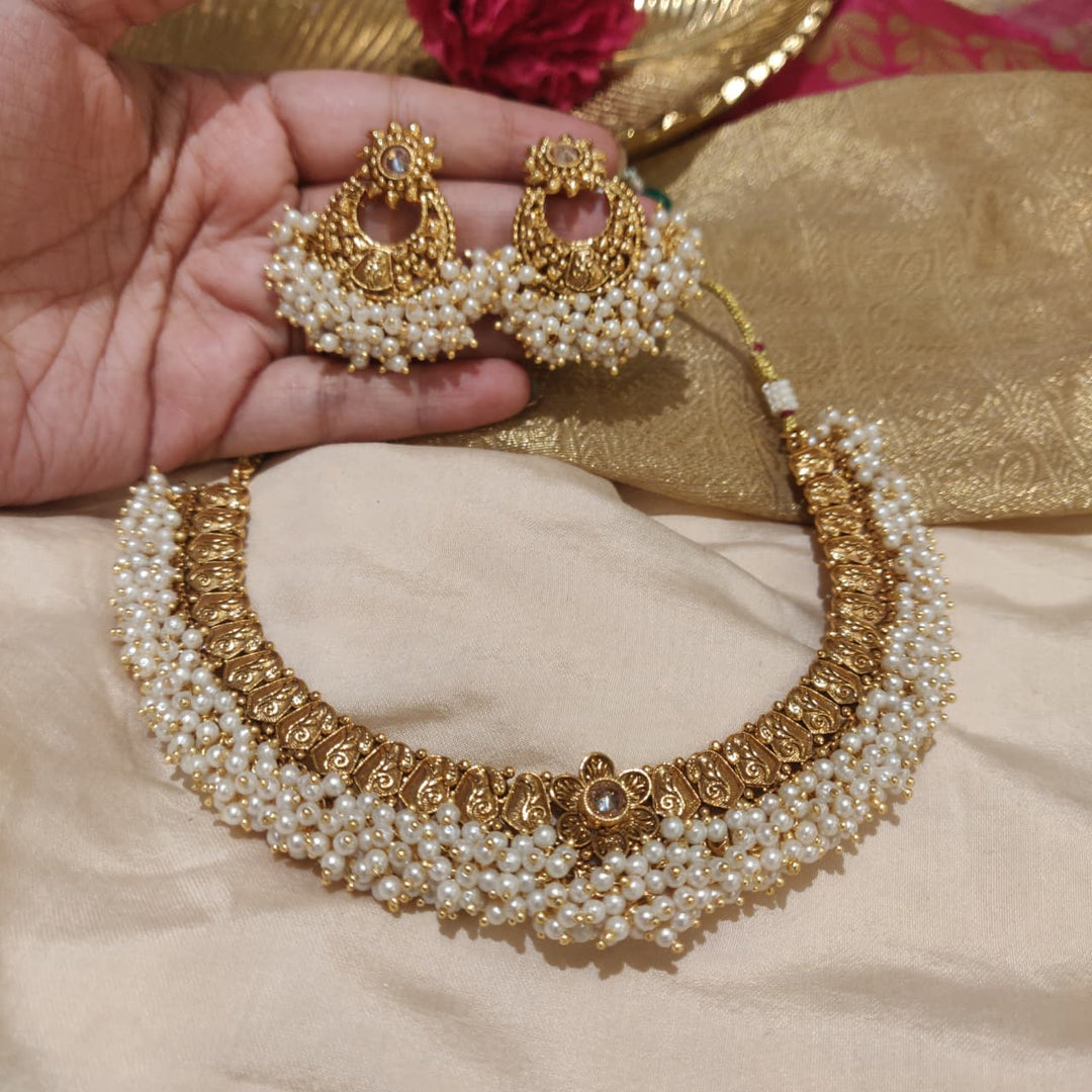 Sought Floral Golden White Beads Choker