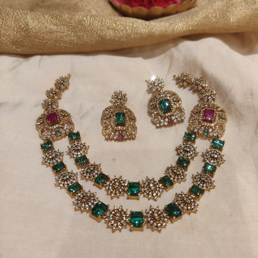 Radiant Floral Mint Ruby AD Stone 2 Layer Necklace