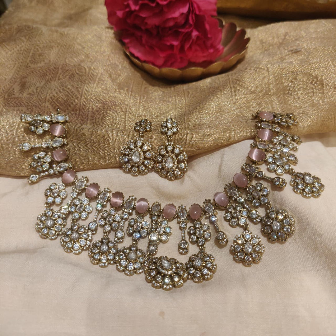 Sparkling Pink AD Stone Floral Droplet Necklace