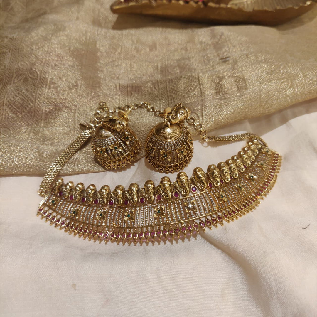 Lustrous Golden Elephant Floral AD Choker