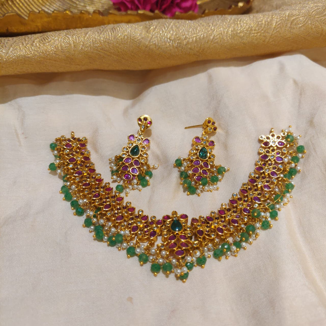 Exquisite Floral Ruby AD Stone Necklace with GreenBeads