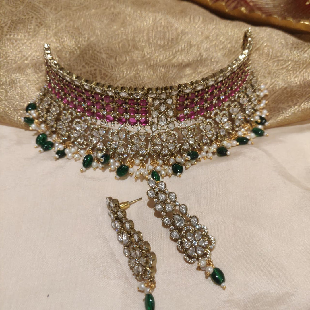 Opulent Ruby Crystal AD Stone Floral Choker