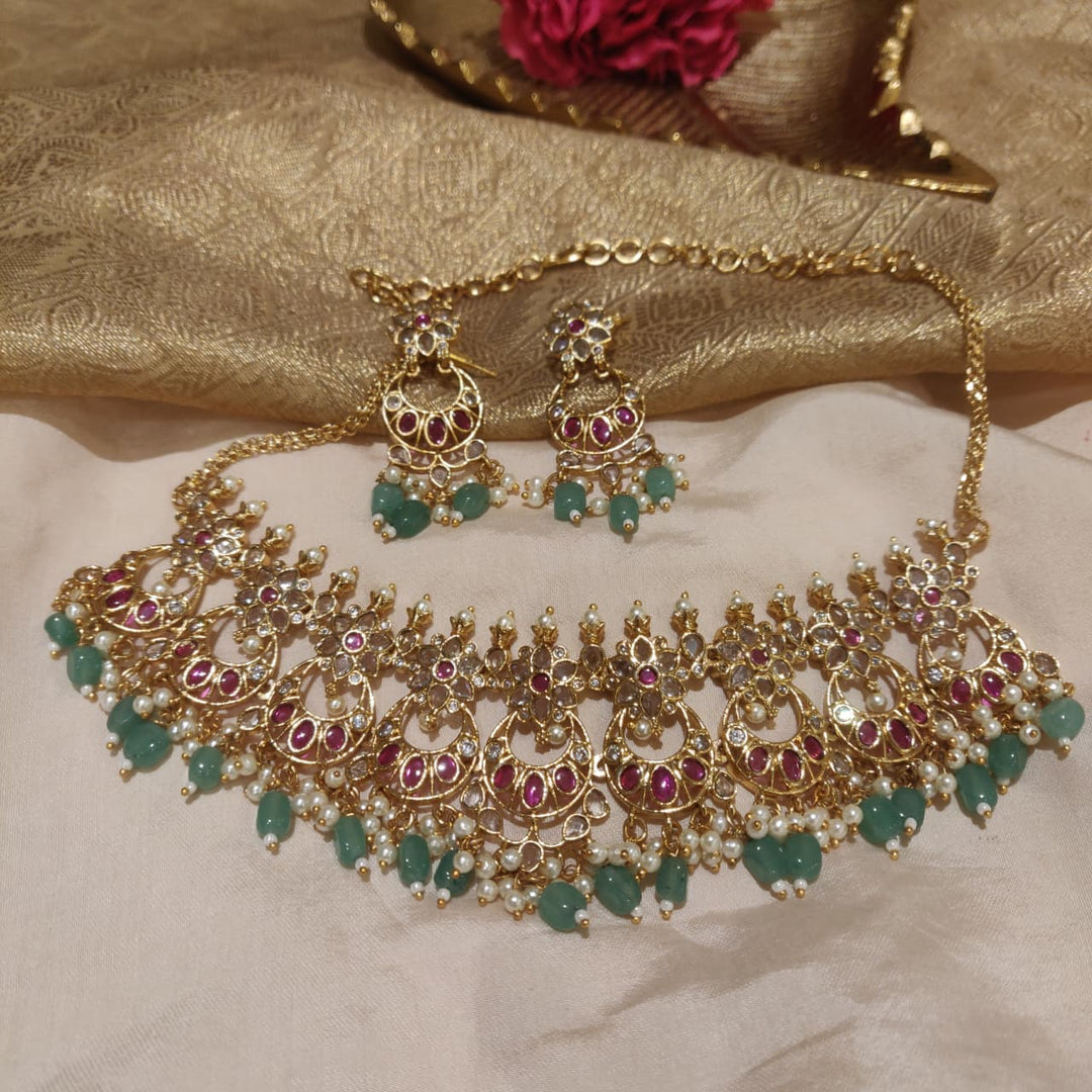 Dazzling AD Ruby Stone Moon Floral Chain with Green beads