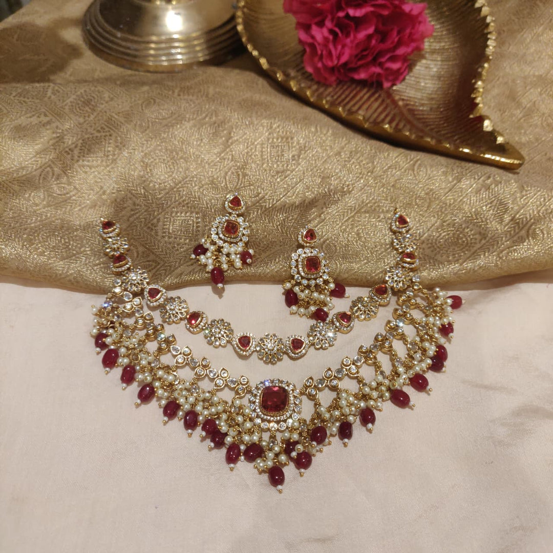 Radiant Floral Ruby AD Stone 2 Layer Necklace with white ruby Beads