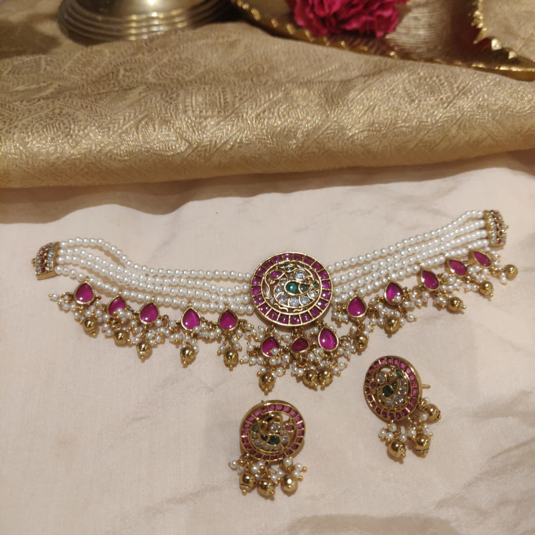 Sparkling Pearls 4 Layer Peacock AD Stone Choker